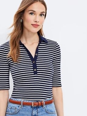 NWOT LOFT Navy and White Striped Henley Polo Short 3/4 Sleeve Top MEDIUM